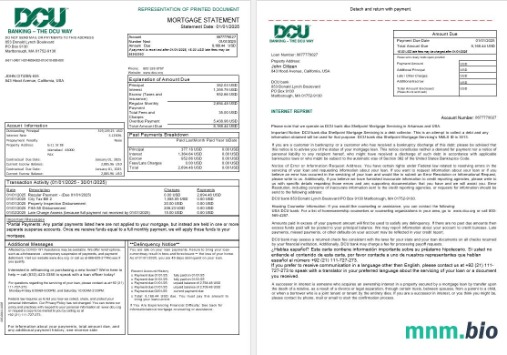 USA Massachusetts Digital Federal Credit Union (DCU) wyciąg z kredytu hipotecznego w formatach Word i PDF, 3 strony 1-2